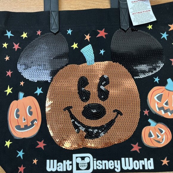 Walt Disney World Parks Halloween Mickey Sequin Pumpkin Canvas Tote Bag NEW - Picture 2 of 8